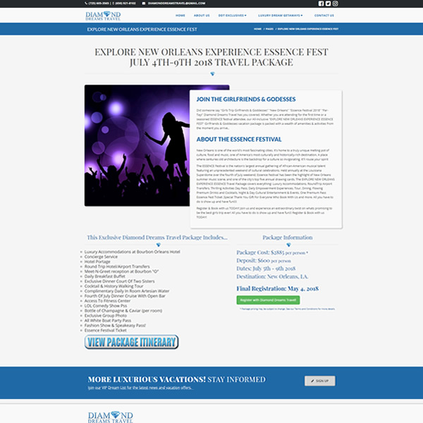 Diamond Dreams Travel Website Design